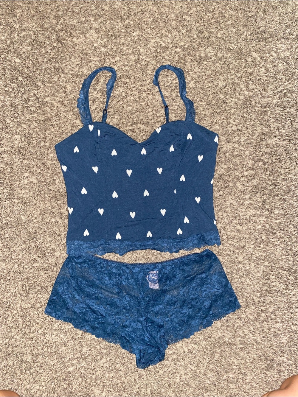 Victoria's Secret Navy Heart Lace Cami & Lace Boyshorts Set